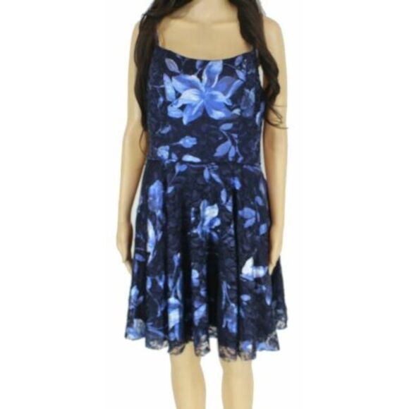 BLONDIE Womens Blue Floral Spaghetti Strap Scoop Neck Short Fit + Flare  Dress 0